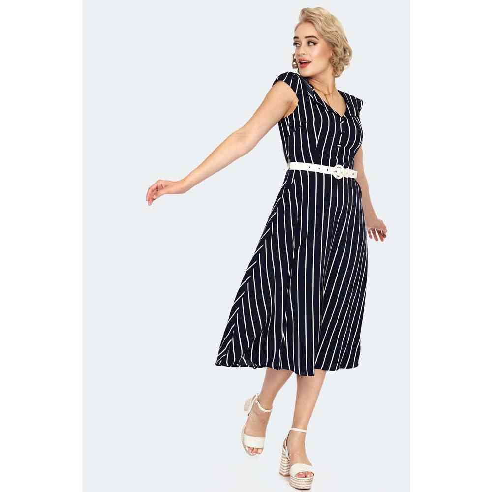 Voodoo Vixen - Stripe Wide Collar Midi Robe évasée - Bleu foncé